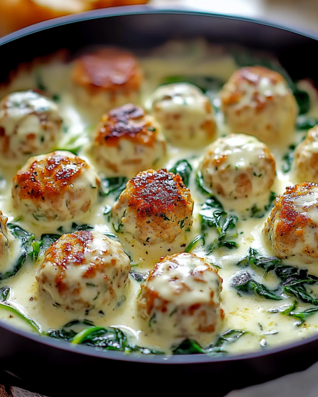 Baked Chicken Ricotta Meatballs with Spinach Alfredo delight!
