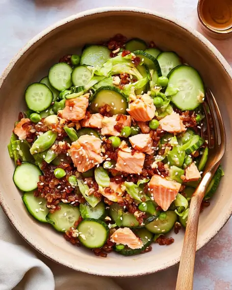 Crispy Rice Salmon Salad with Creamy Soy Dressing delights!