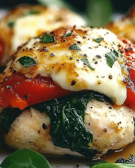 Roasted Red Pepper Spinach Mozzarella Stuffed Chicken delights!