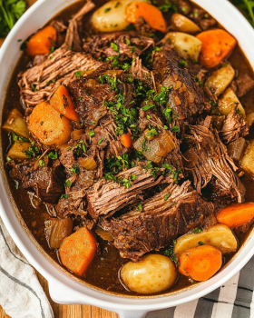 Savory Slow Cooker Pot Roast is a family favorite dish.