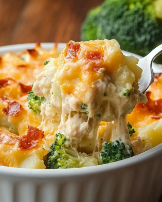 Cheesy Chicken Broccoli Baked Potato Casserole delights all!
