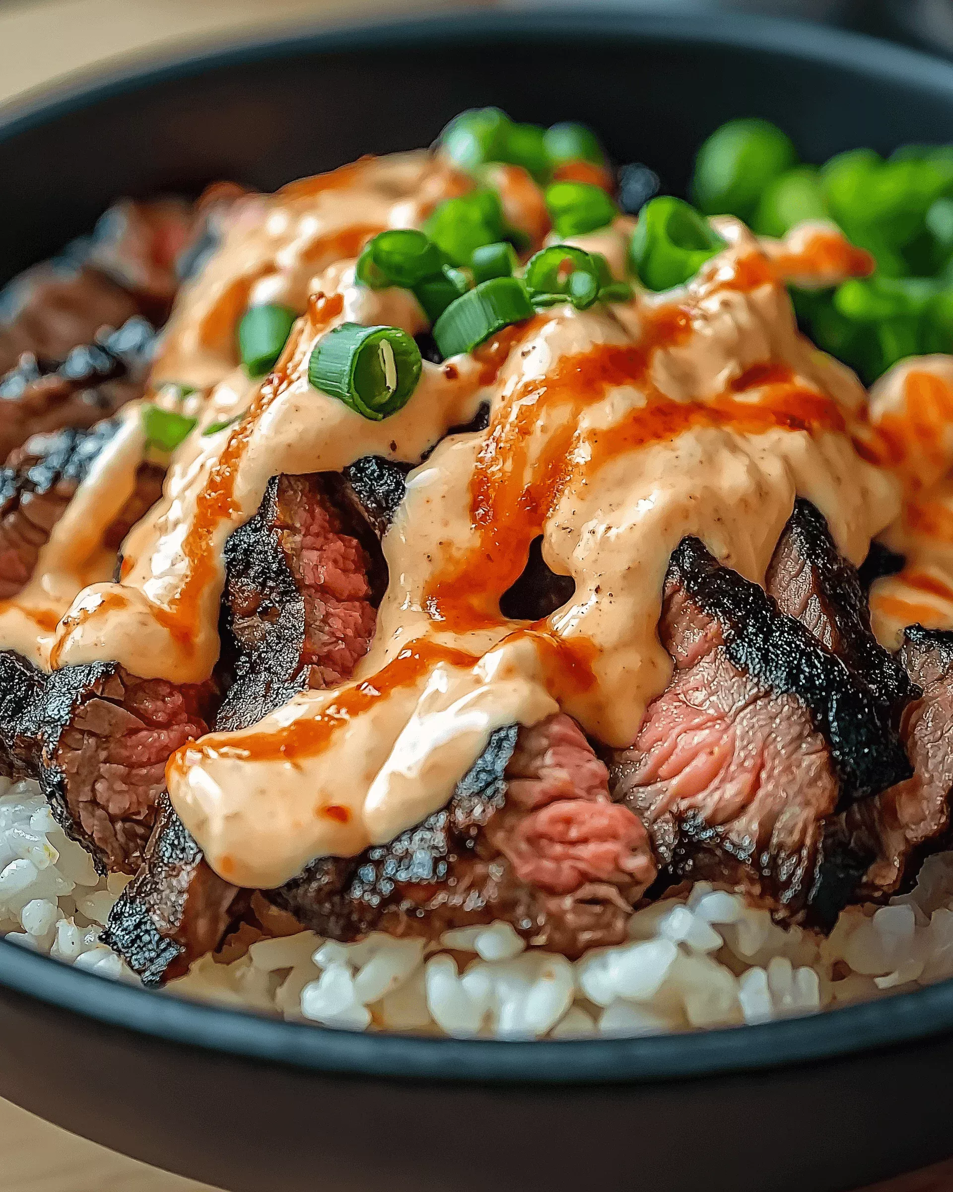 Korean BBQ Steak Rice Bowls with Spicy Cream Sauce are delicious!