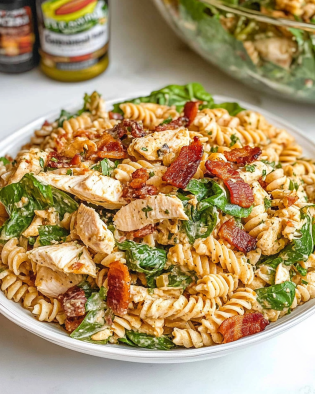 Creamy Chicken Bacon Ranch Pasta Salad is a must-try!
