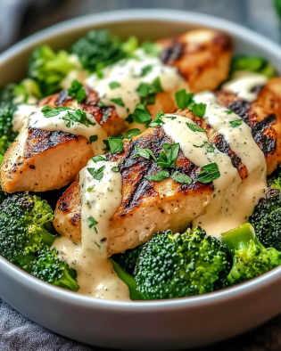Grilled Chicken and Broccoli Bowls with Creamy Garlic Sauce for a Healthy Meal!