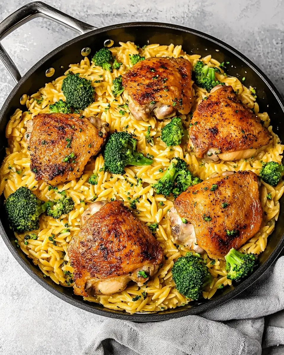 Skillet Chicken Thighs with Broccoli Cheddar Orzo delight your taste buds!