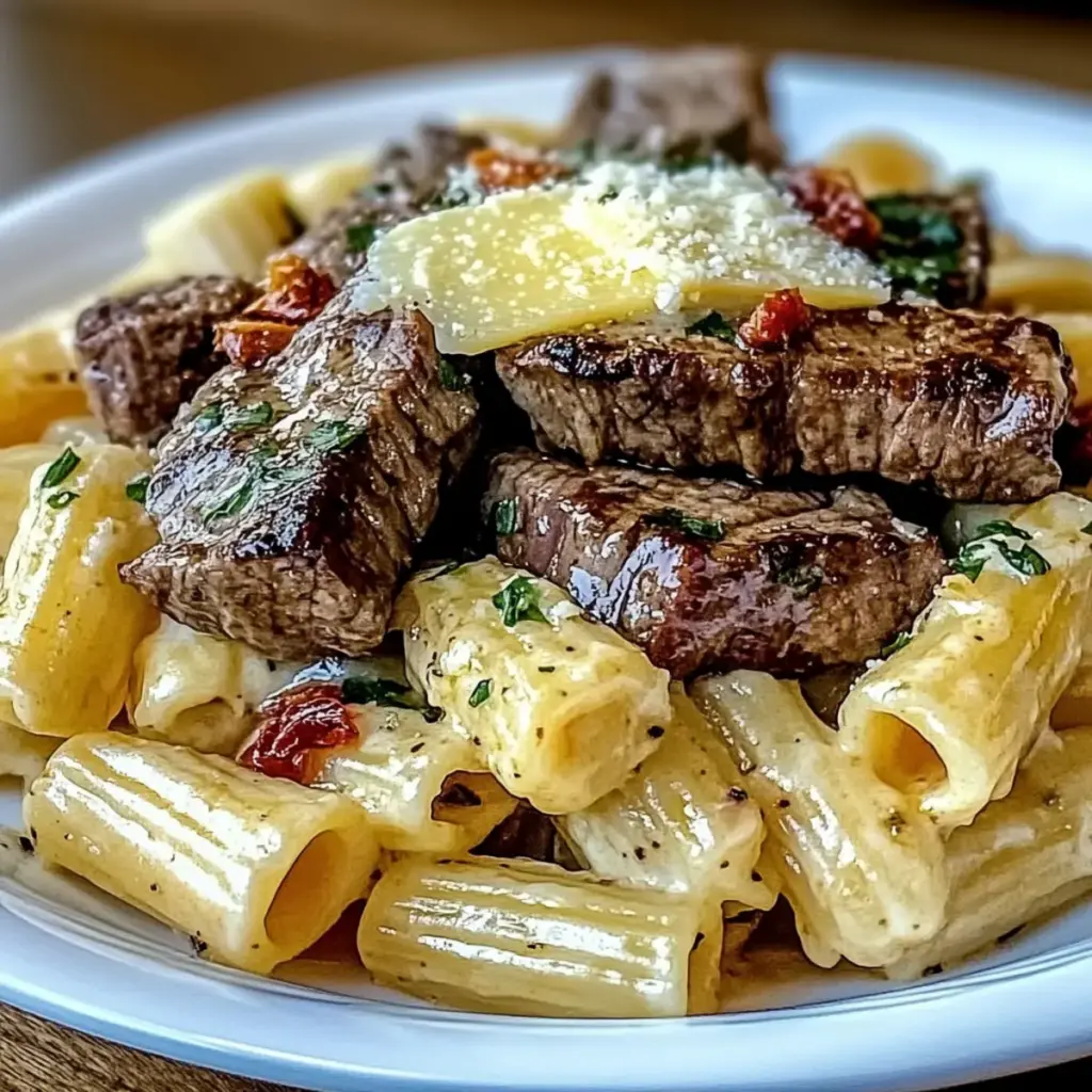Garlic Butter Steak Tips with Cheesy Rigatoni
