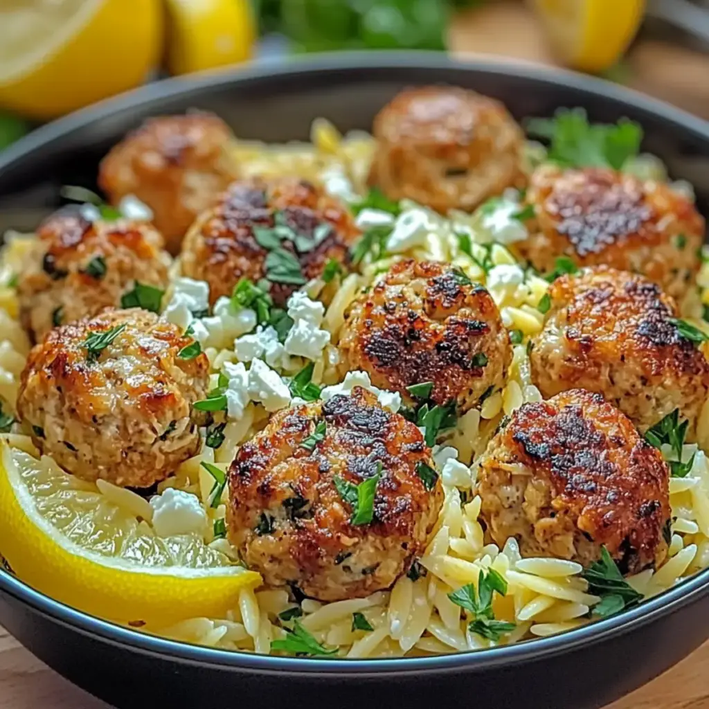 Greek Chicken Meatballs with Lemon Orzo