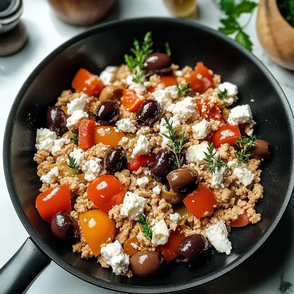 Ground Chicken Skillet with Olives and Feta
