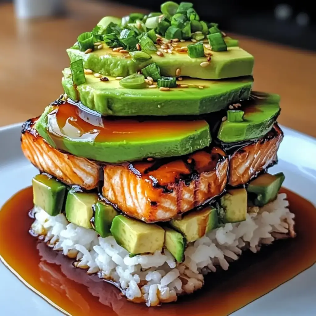 Teriyaki Salmon Avocado Rice Stack