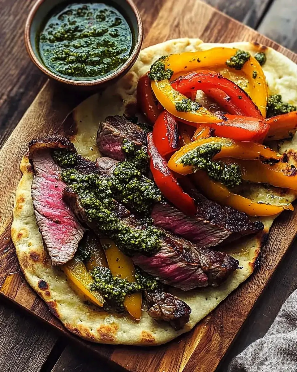 Sirloin Steak with Pesto and Bell Peppers on Flatbread Recipe Revealed!