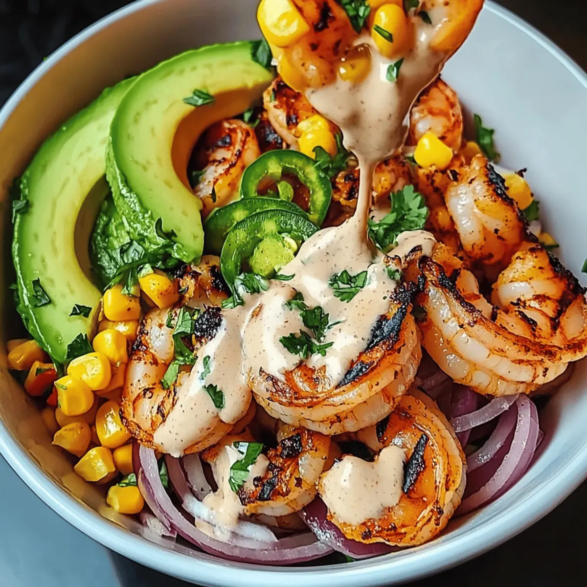 Grilled Shrimp Bowl with Corn Salsa & Creamy Sauce Bliss