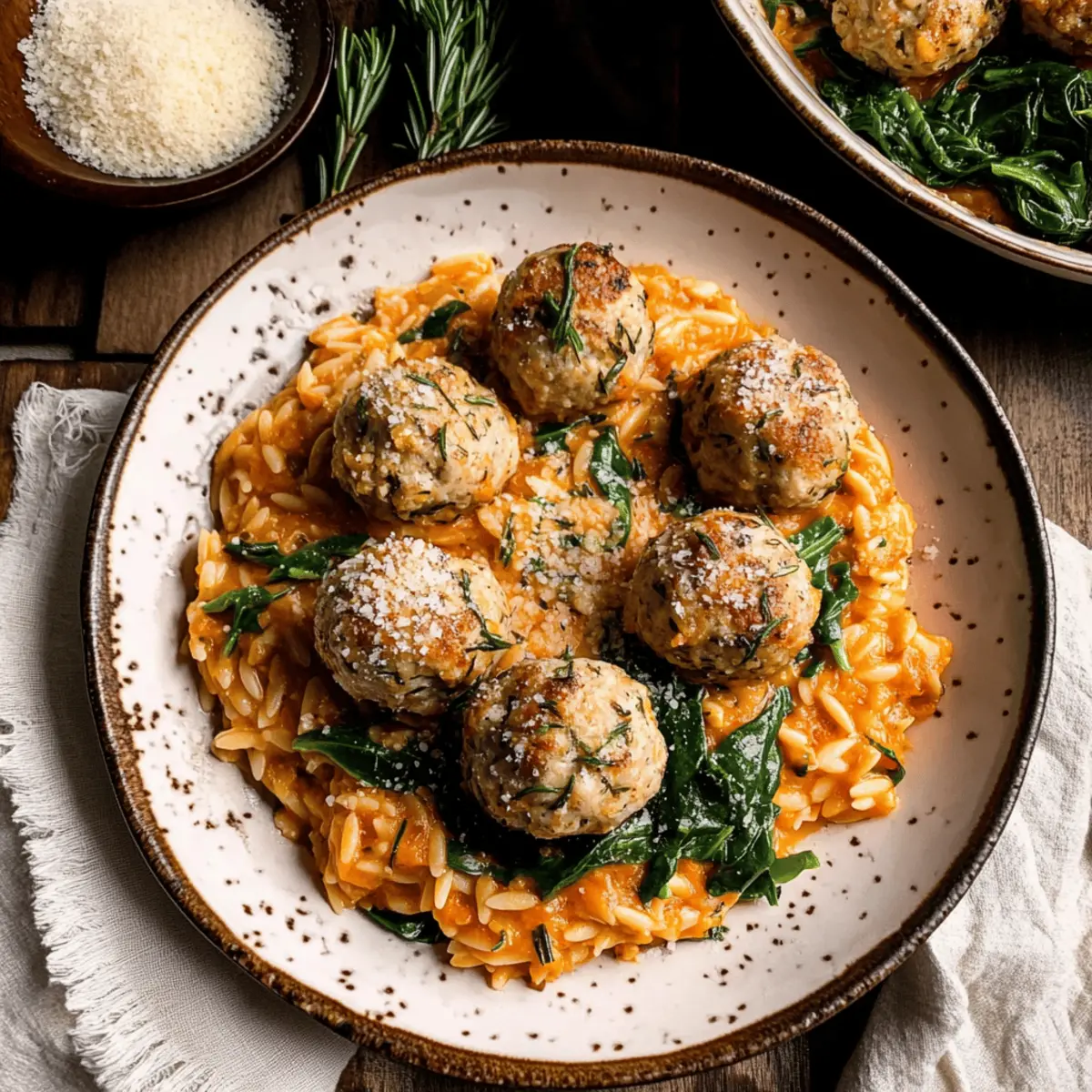 Baked Rosemary Chicken Meatballs with Creamy Tomato Orzo Delight