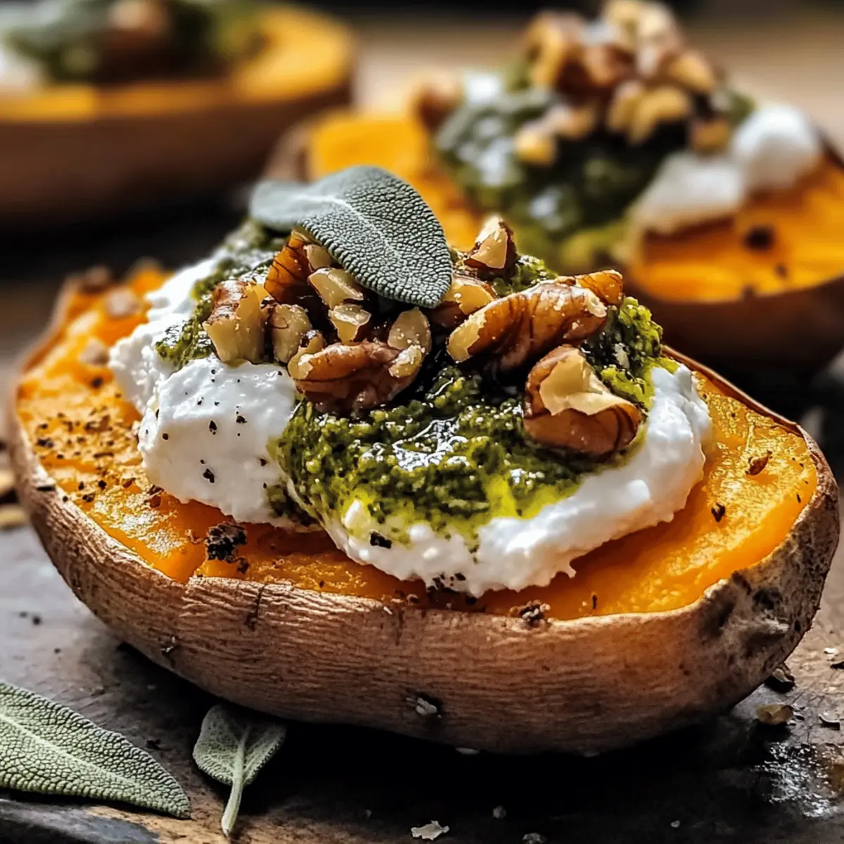 Stuffed Sweet Potatoes with Burrata, Toasted Walnuts & Sage Pesto