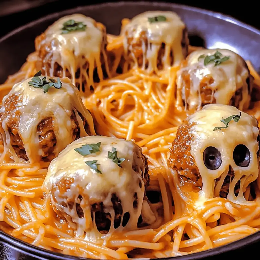 Spooky Spaghetti and Cheese Stuffed Meatballs