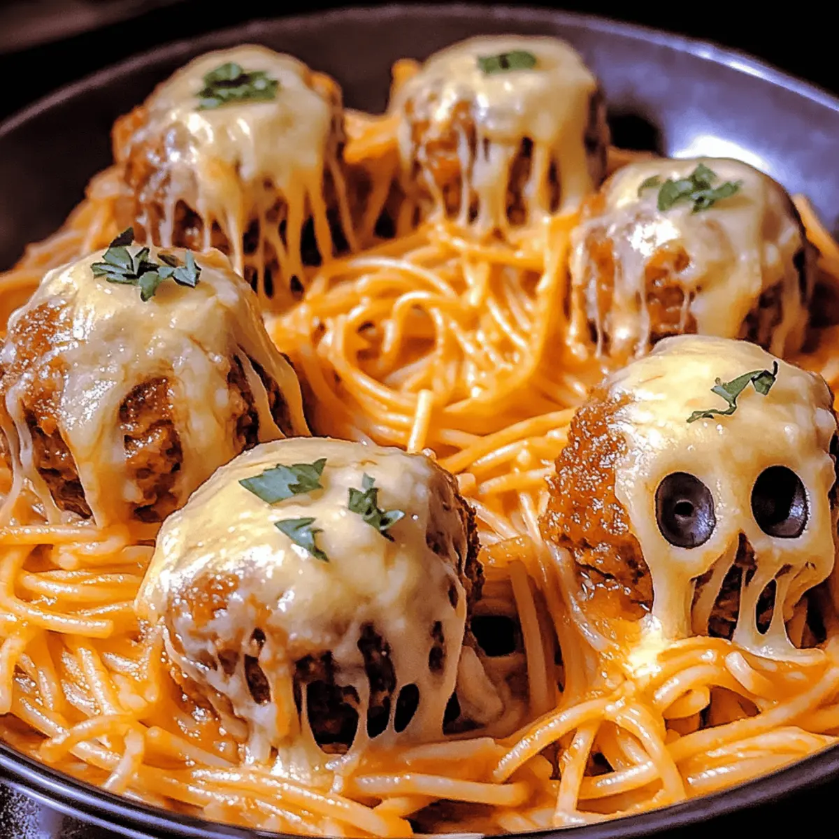 Spooky Spaghetti and Cheese Stuffed Meatballs