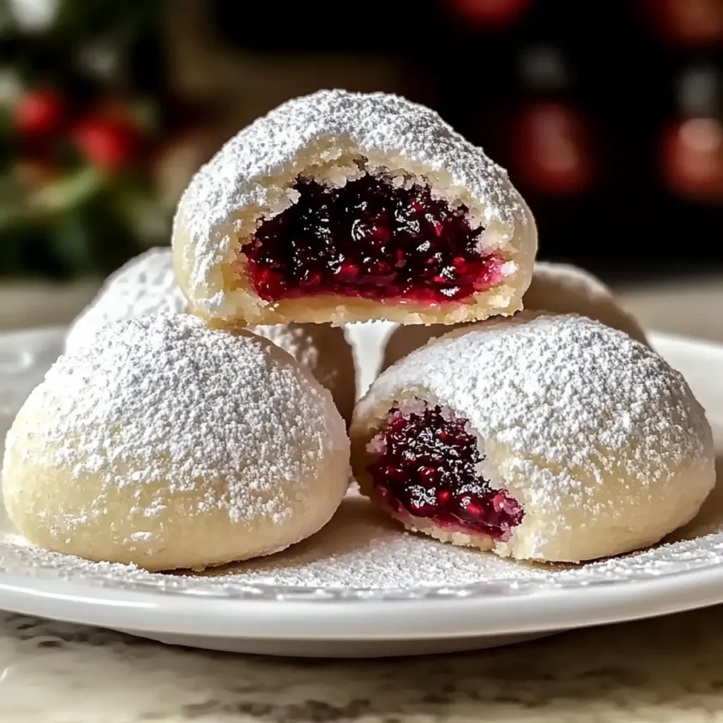 Raspberry Filled Almond Snowball Cookies