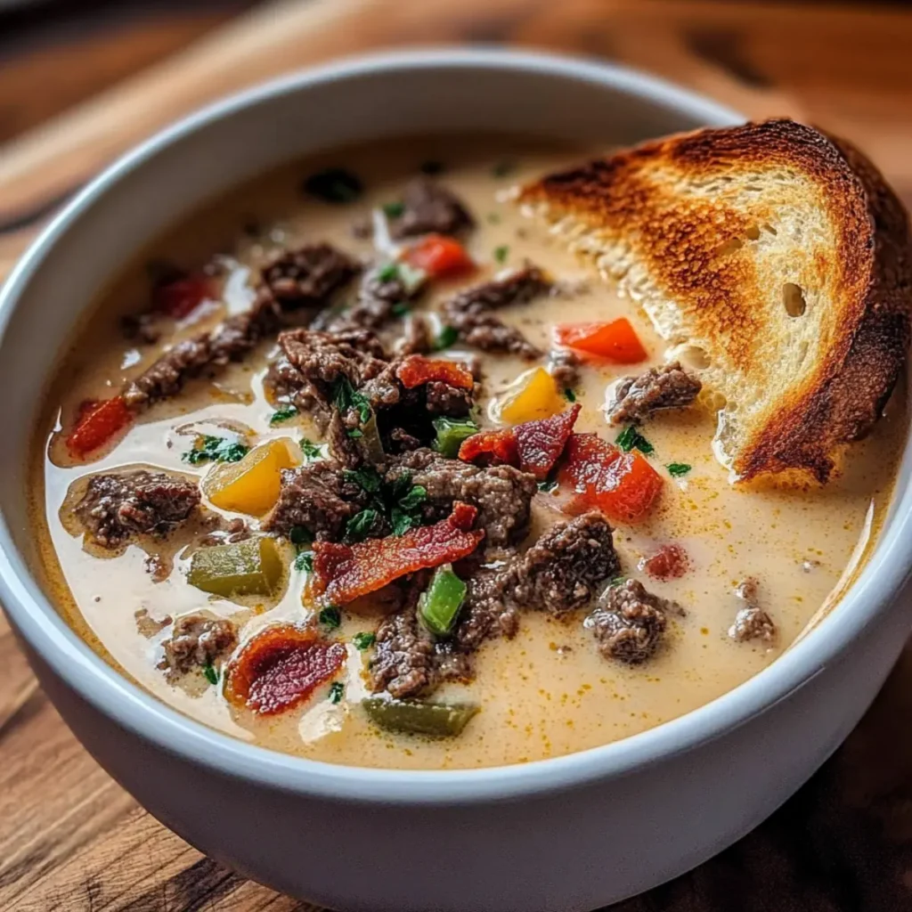 One-Pot Philly Cheesesteak Soup with Bacon and Cheesy Toast