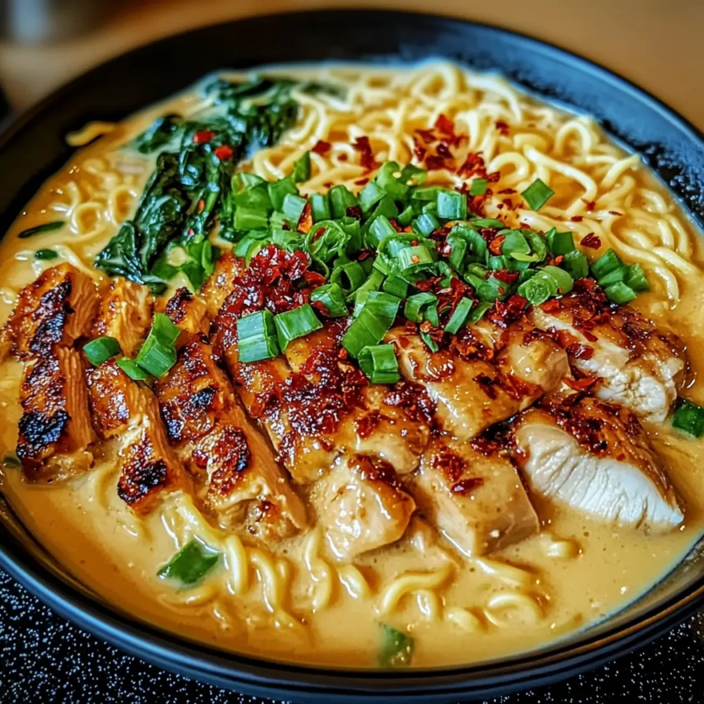Fiery Chicken Ramen with Creamy Garlic Sauce