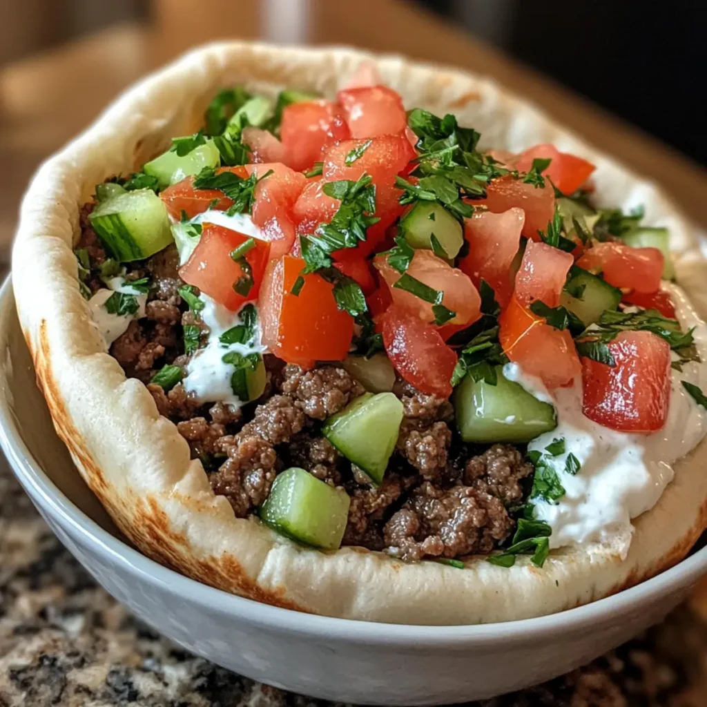 Greek Beef Stuffed Pita with Lemon Garlic Yogurt